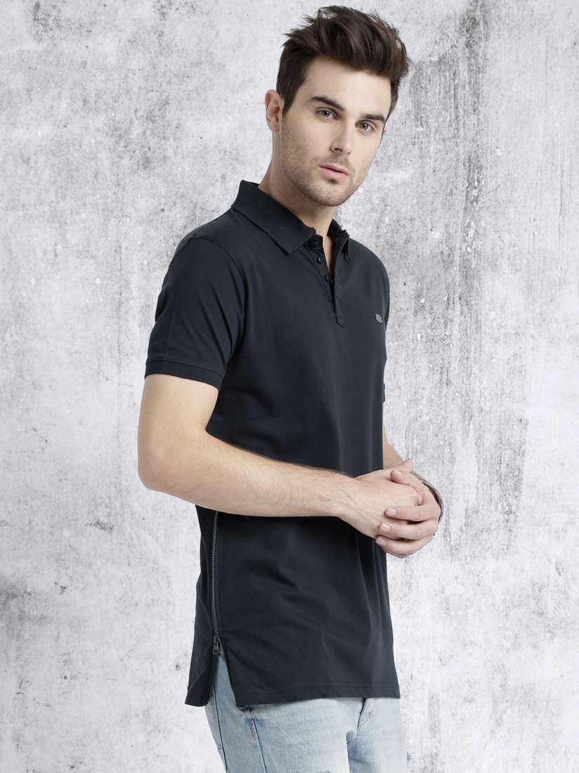 Buy Roadster Men Navy Blue Solid Longline Polo Collar Pure Cotton T shirt with Side Zipper Details Tshirts for Men 1770942 Myntra