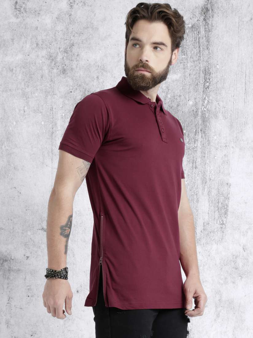 Buy Roadster Men Maroon Solid Longline Polo Collar Pure Cotton T shirt with Side Zipper Details Tshirts for Men 1770944 Myntra