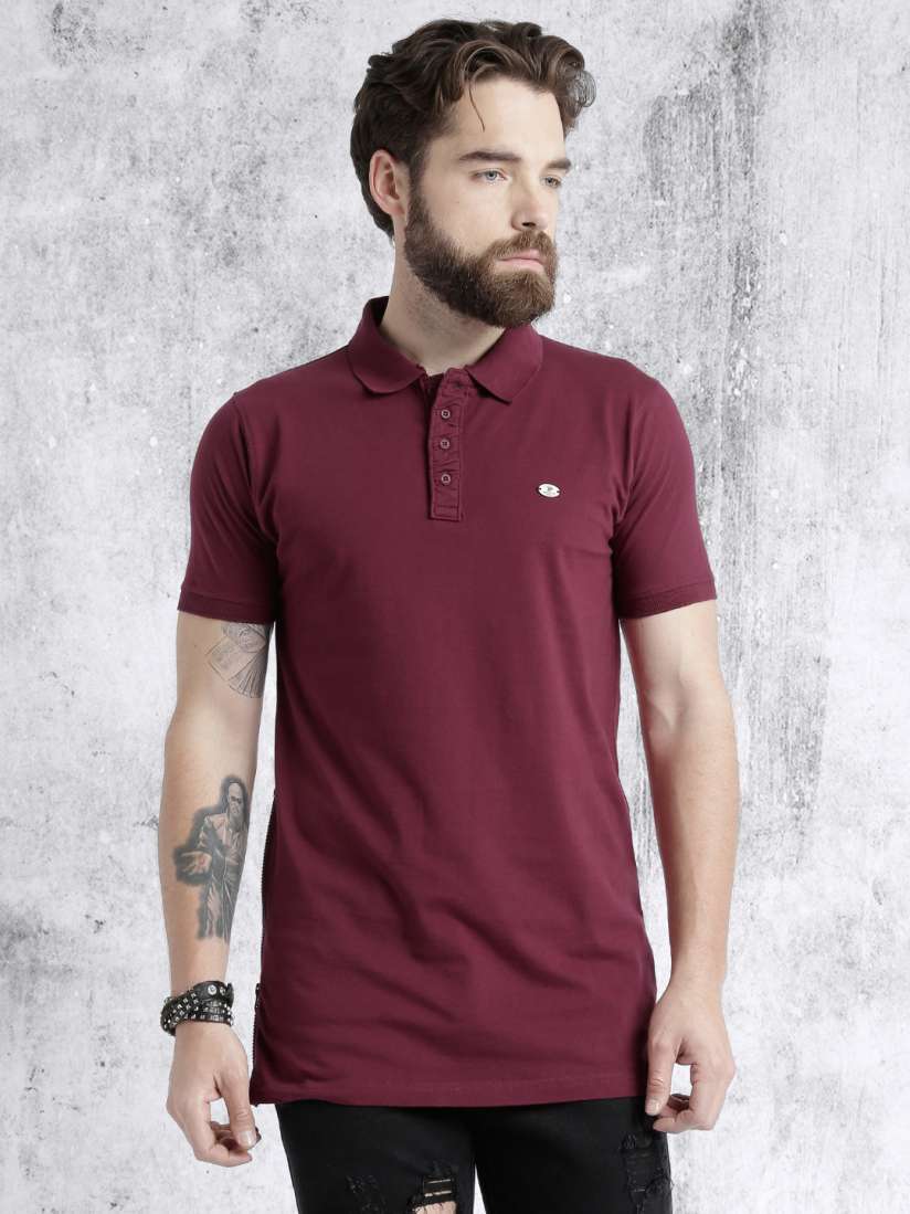 Buy Roadster Men Maroon Solid Longline Polo Collar Pure Cotton T shirt with Side Zipper Details Tshirts for Men 1770944 Myntra