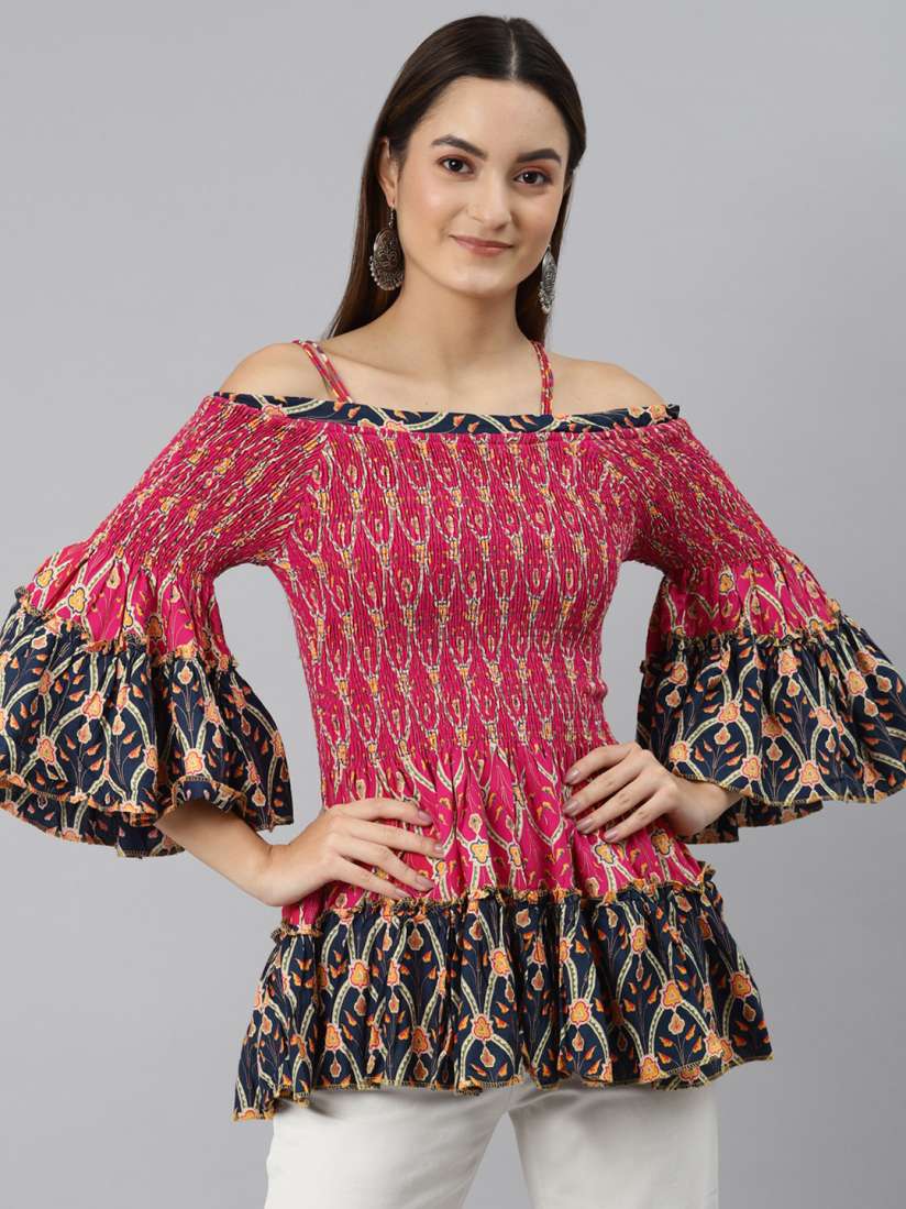 Buy MALHAAR Pink Beige Ethnic Motifs Printed Boat Neck Cold Shoulder Sleeves Pleated Kurti Kurtis for Women 17709788 Myntra