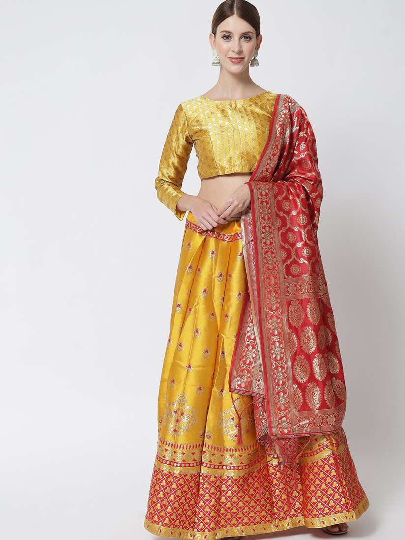 Buy DIVASTRI Red Mustard Banarasi Silk Semi Stitched Lehenga Unstitched Blouse Dupatta Lehenga Choli for Women 17725246 Myntra