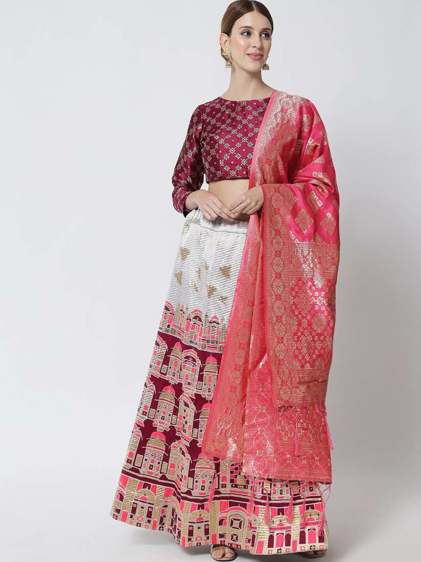 Buy DIVASTRI Purple Gold Toned Banarasi Semi Stitched Lehenga Unstitched Blouse Dupatta Lehenga Choli for Women 17727888 Myntra