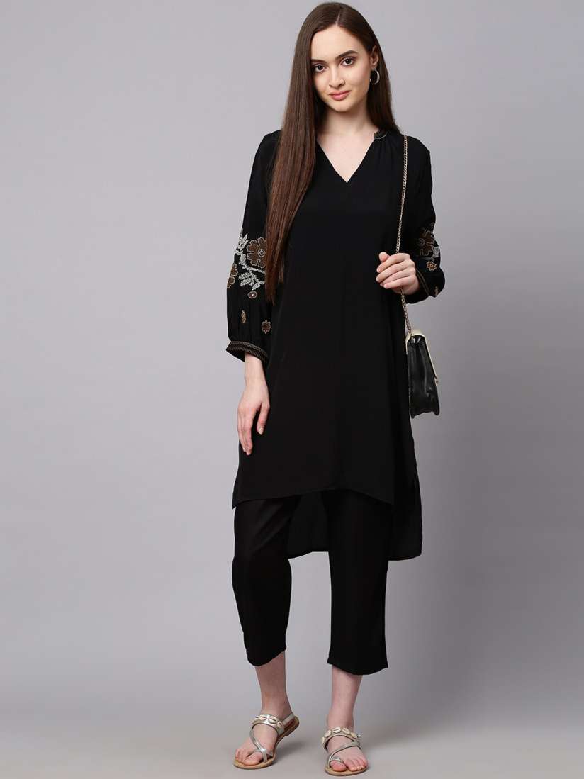 Buy Modern Indian by CHEMISTRY Women Black Kurta Set with Sleeve Embroidery Kurta Sets for Women 17732294 Myntra