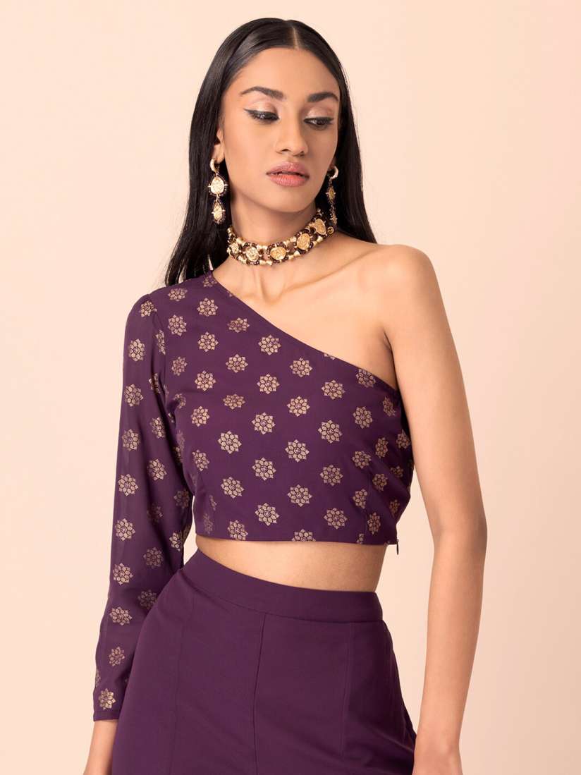Buy INDYA Purple Print One Shoulder Georgette Crop Top Tops for Women 17732346 Myntra
