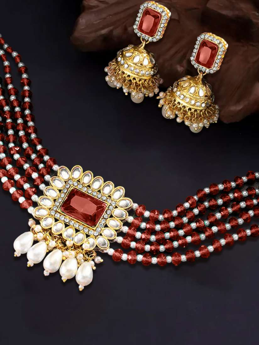 Buy OOMPH Gold Plated Maroon Kundan Studded Jewellery Set Jewellery Set for Women 17734950 Myntra