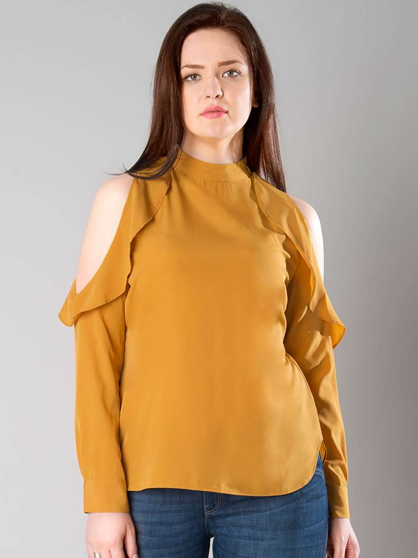 mustard yellow cold shoulder top