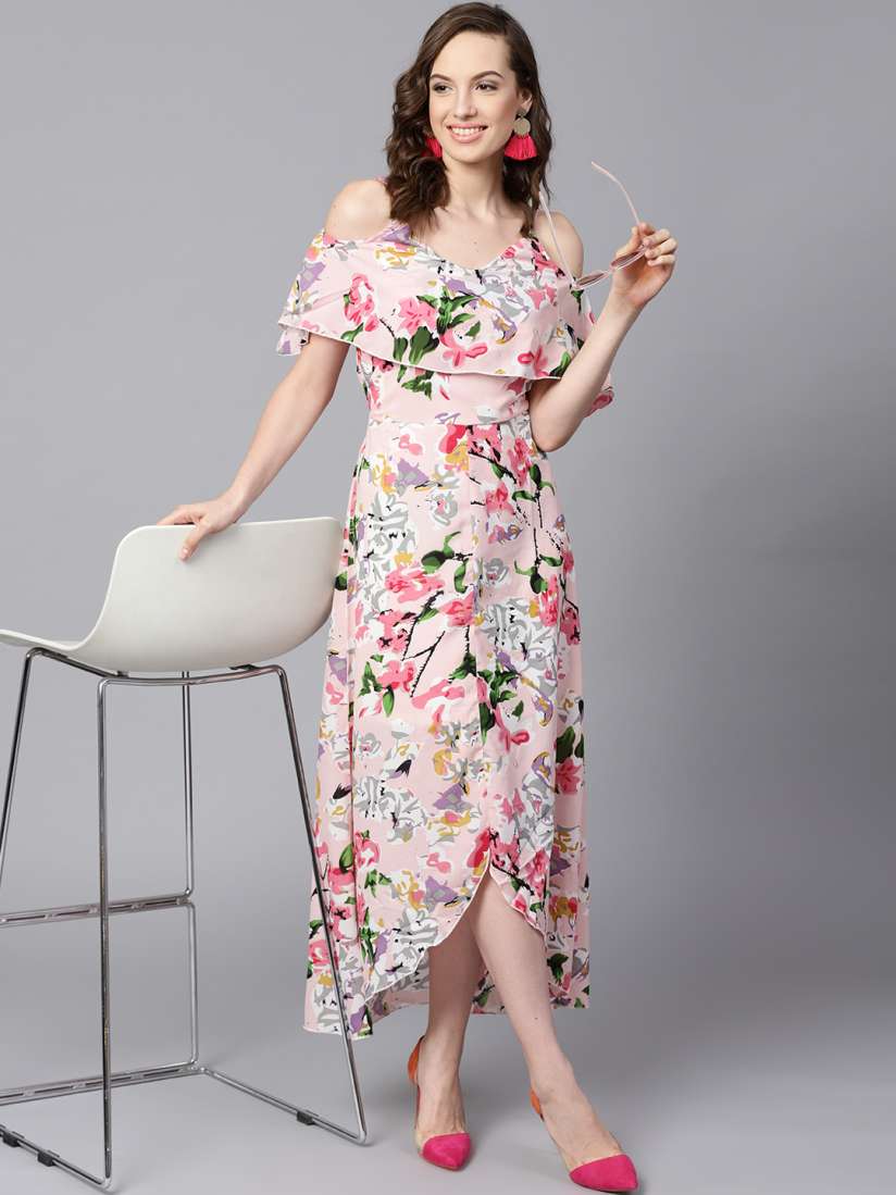 Buy SASSAFRAS Pink Floral Printed Layered High Low Maxi Dress Dresses for Women 1774645 Myntra
