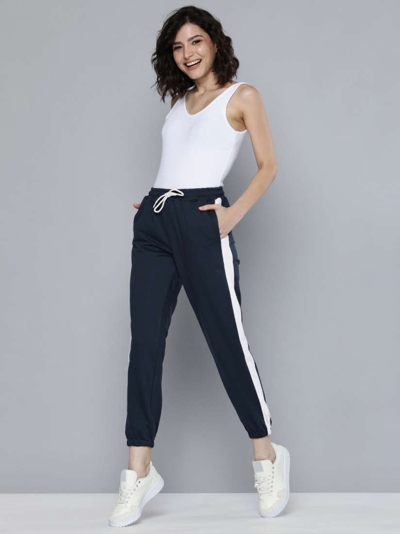 Buy M H Easy Women Navy Blue Solid Slim Fit Joggers With Side Stripes Track Pants for Women 17760990 Myntra
