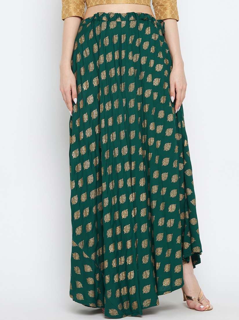Buy Clora Creation Bottle Green Gold Colored Printed Flared Maxi Skirt Skirts for Women 17763438 Myntra