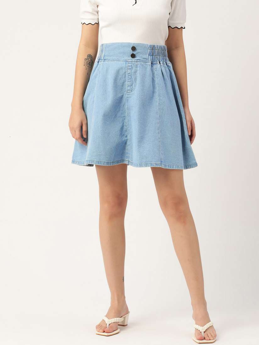 Buy DressBerry Women Blue Denim Pure Cotton Flared Fit Mini Skirts Skirts for Women 17773714 Myntra