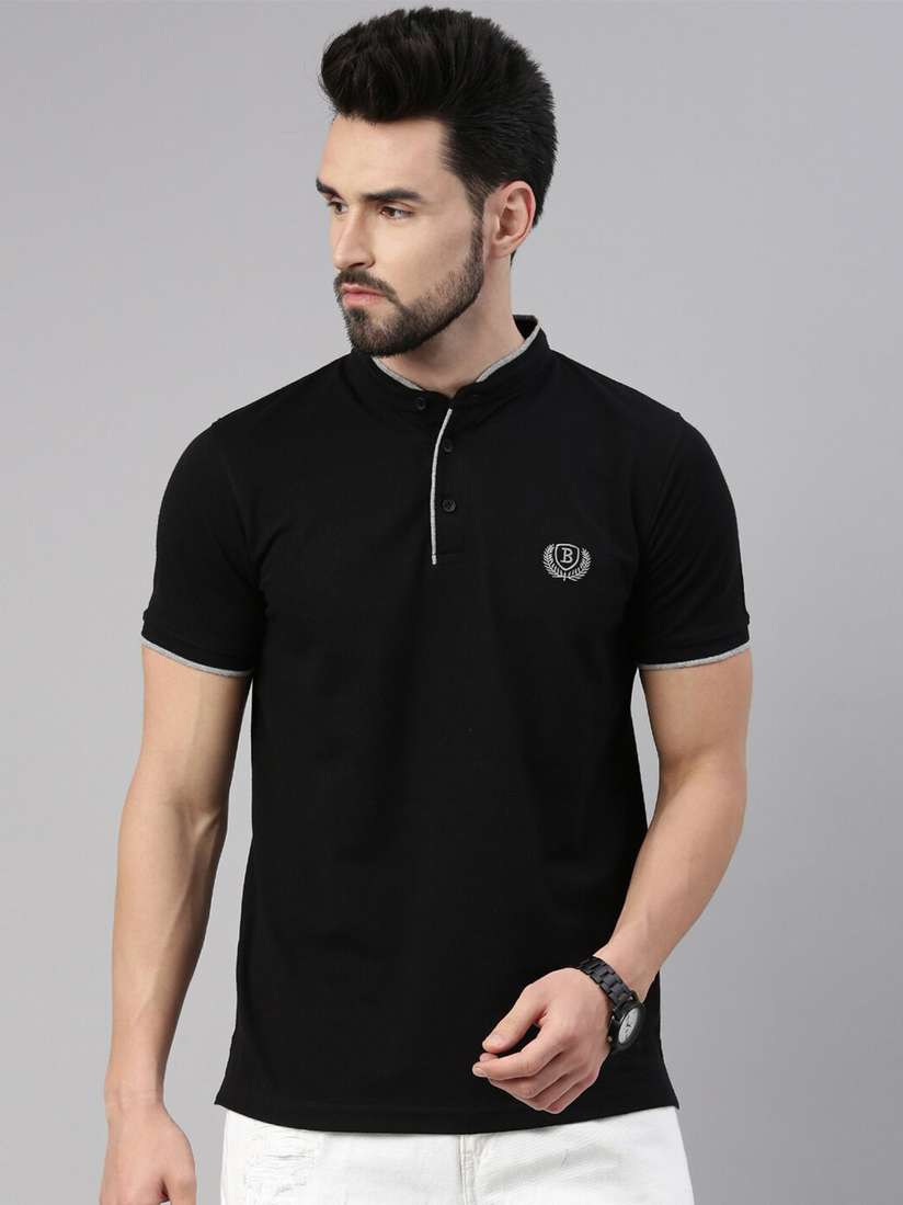 Buy Bushirt Men Black Mandarin Collar Cotton T-shirt Tshirts for