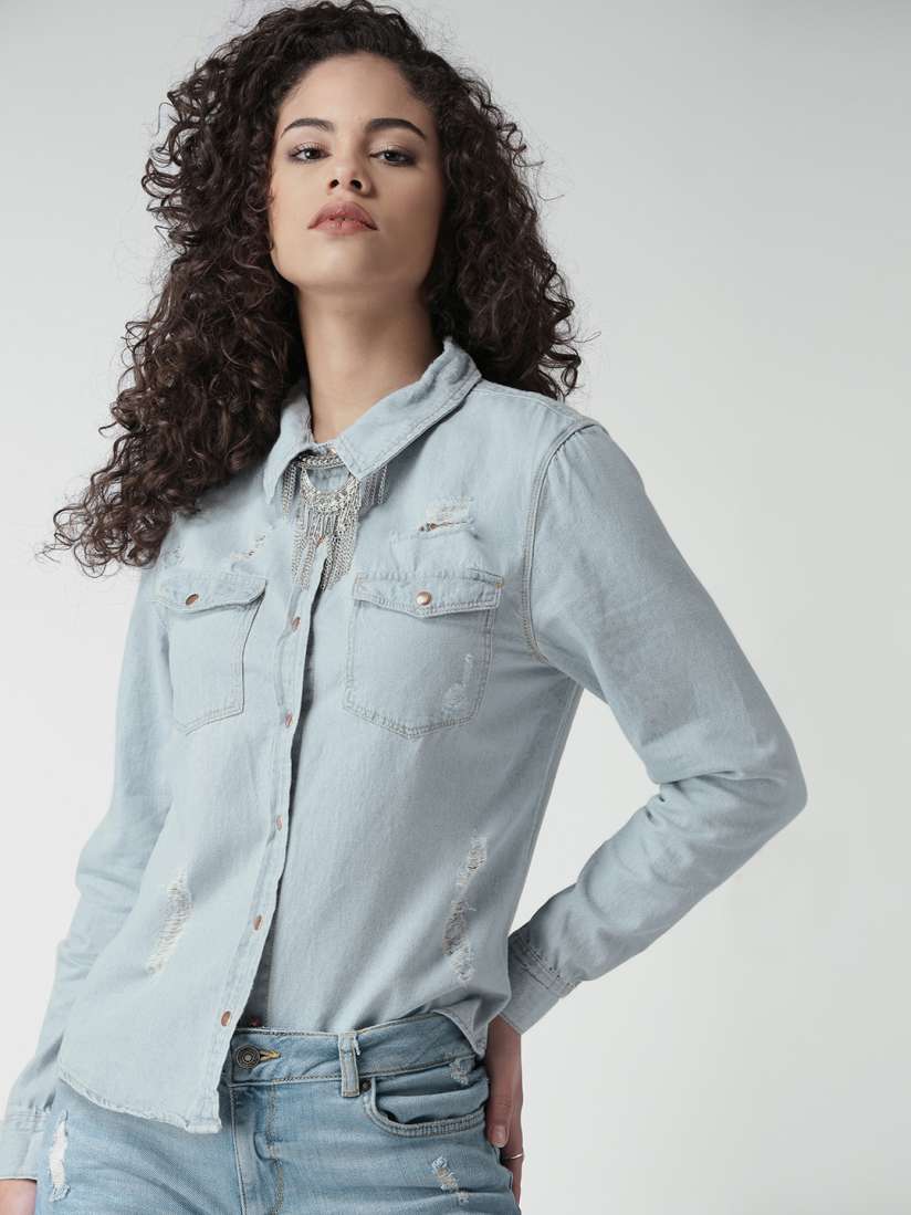 Buy FOREVER 21 Women Blue Solid Denim Shirt Shirts for Women 1778069 Myntra