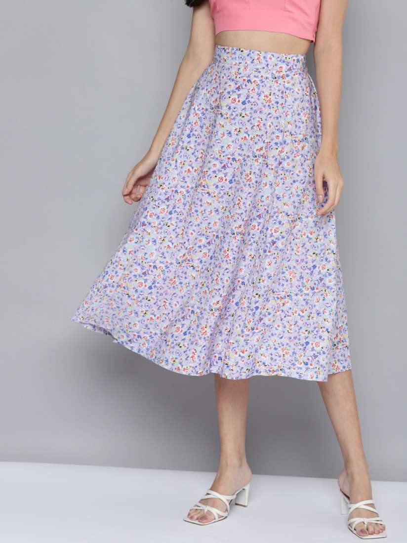 Buy SASSAFRAS Blue Pink Floral Print Flared Skirt Skirts for Women 17787830 Myntra