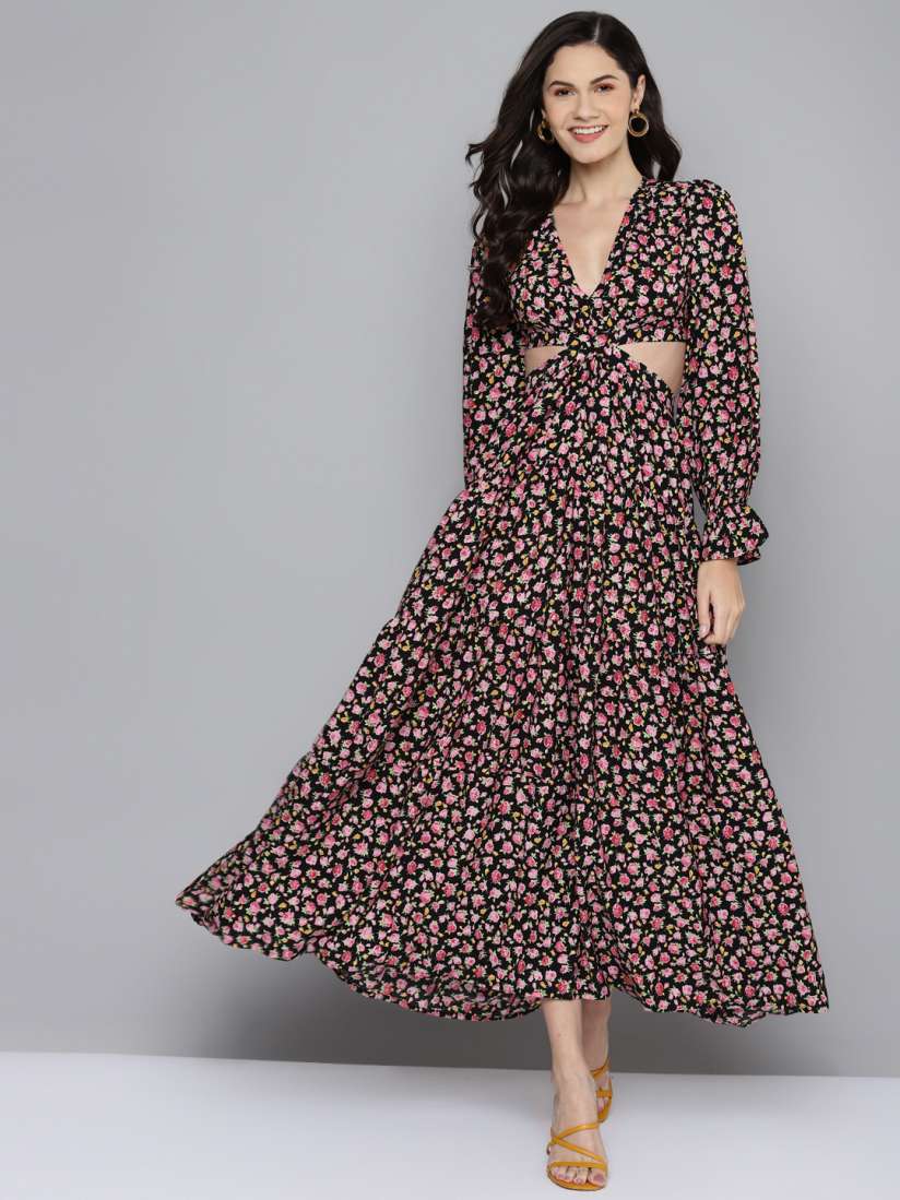 Buy SASSAFRAS Black Pink Floral Waist Cut Out Maxi Dress Dresses for Women 17787876 Myntra