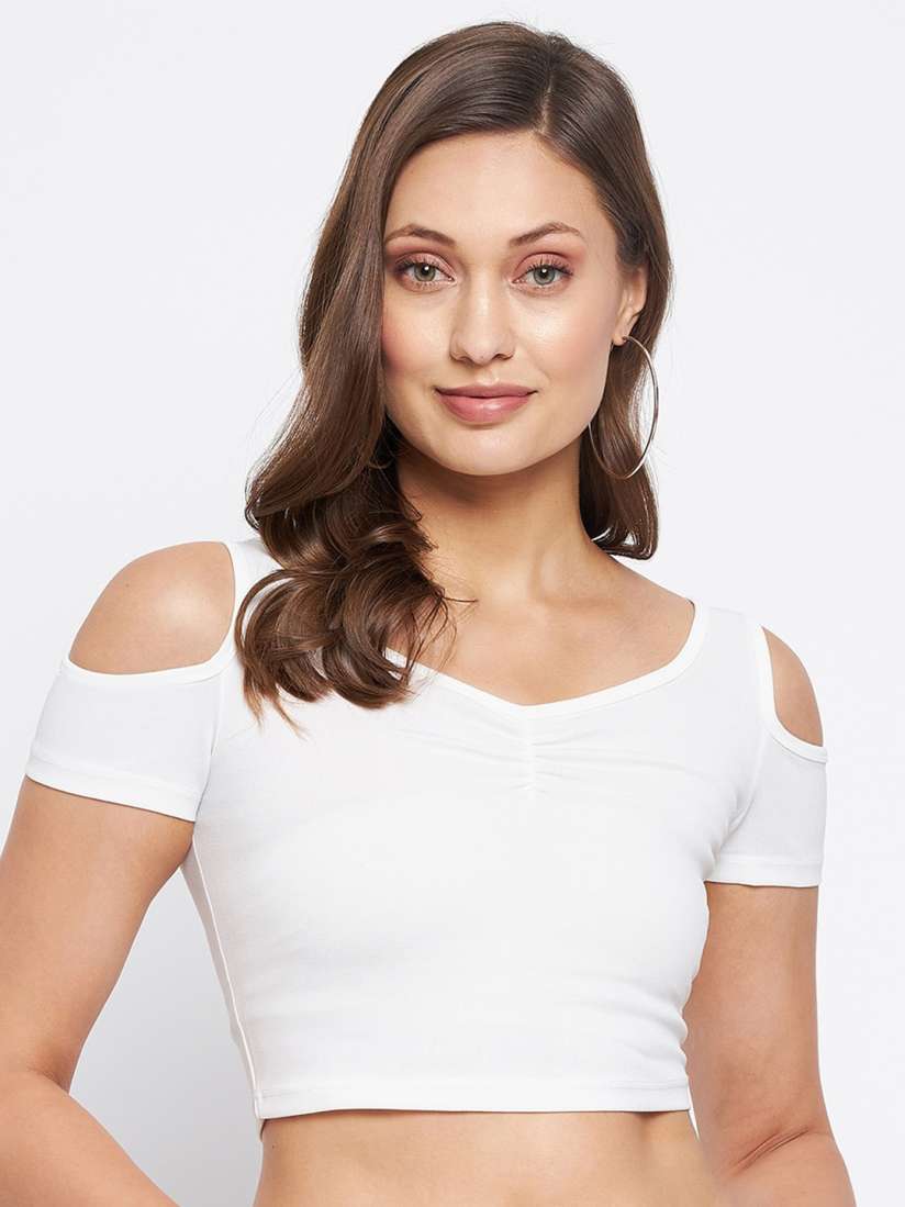 White cold shoulder crop top cheap