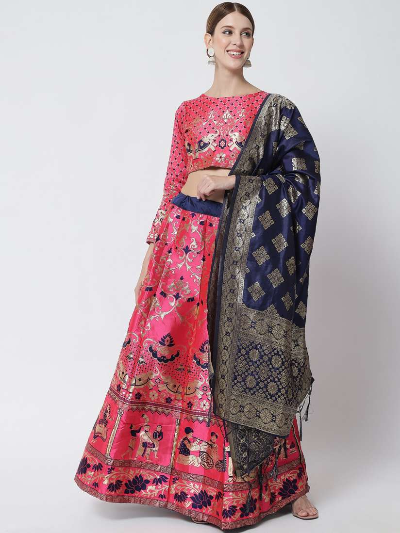 Buy DIVASTRI Pink Blue Banarasi Ready to Wear Lehenga Unstitched Blouse With Dupatta Lehenga Choli for Women 17805754 Myntra