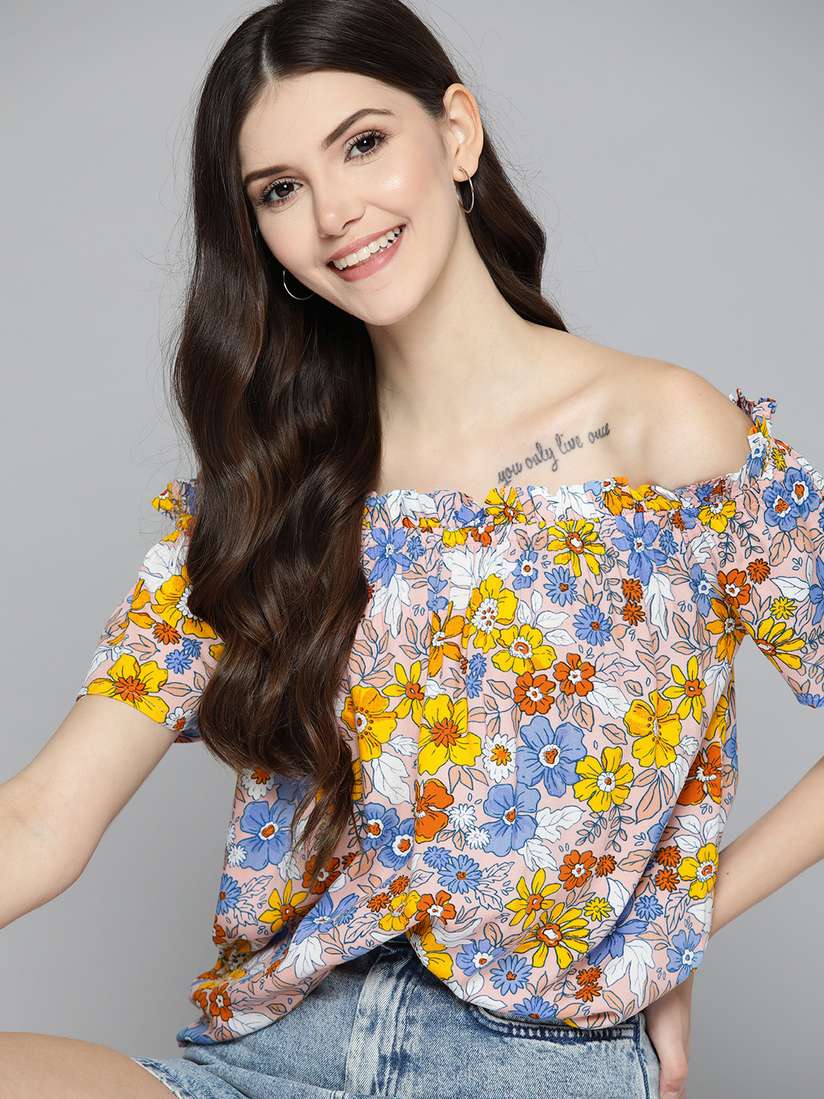Buy Mast Harbour Mustard Yellow Blue Floral Print Off-Shoulder