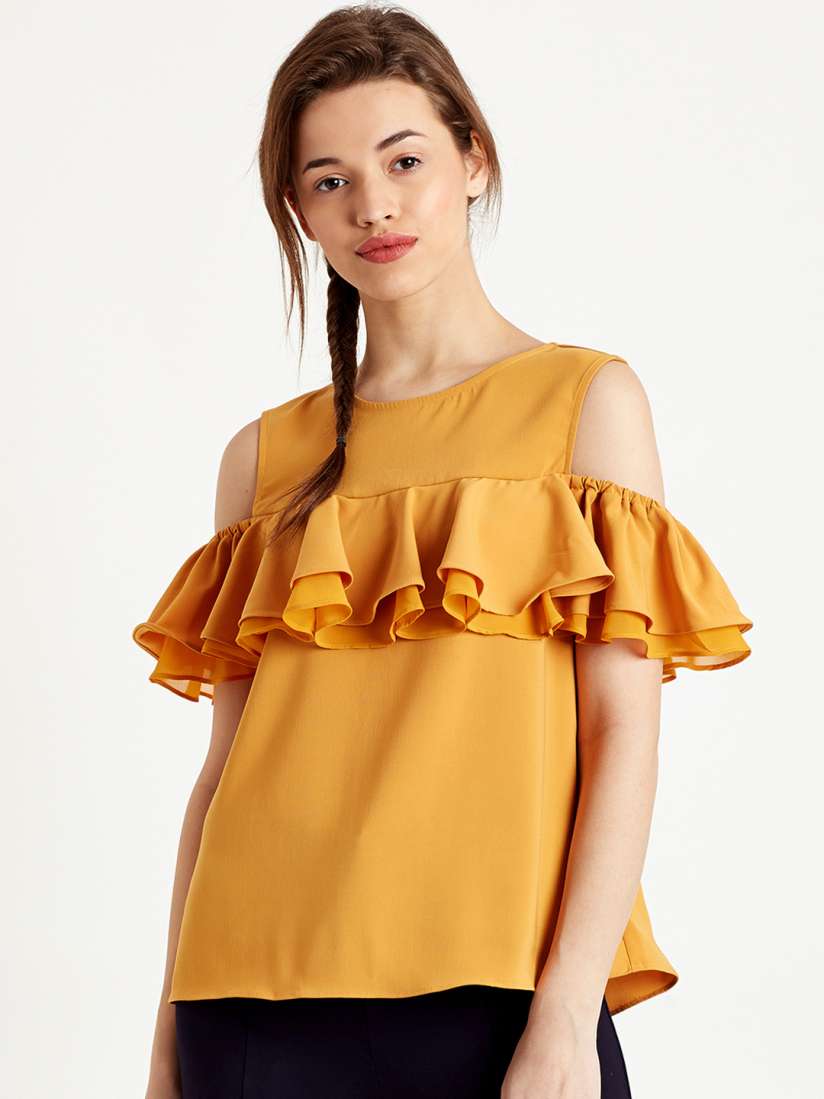 Buy COVER STORY Mustard Yellow Cold Shoulder Top with Ruffles Tops for Women 1783567 Myntra