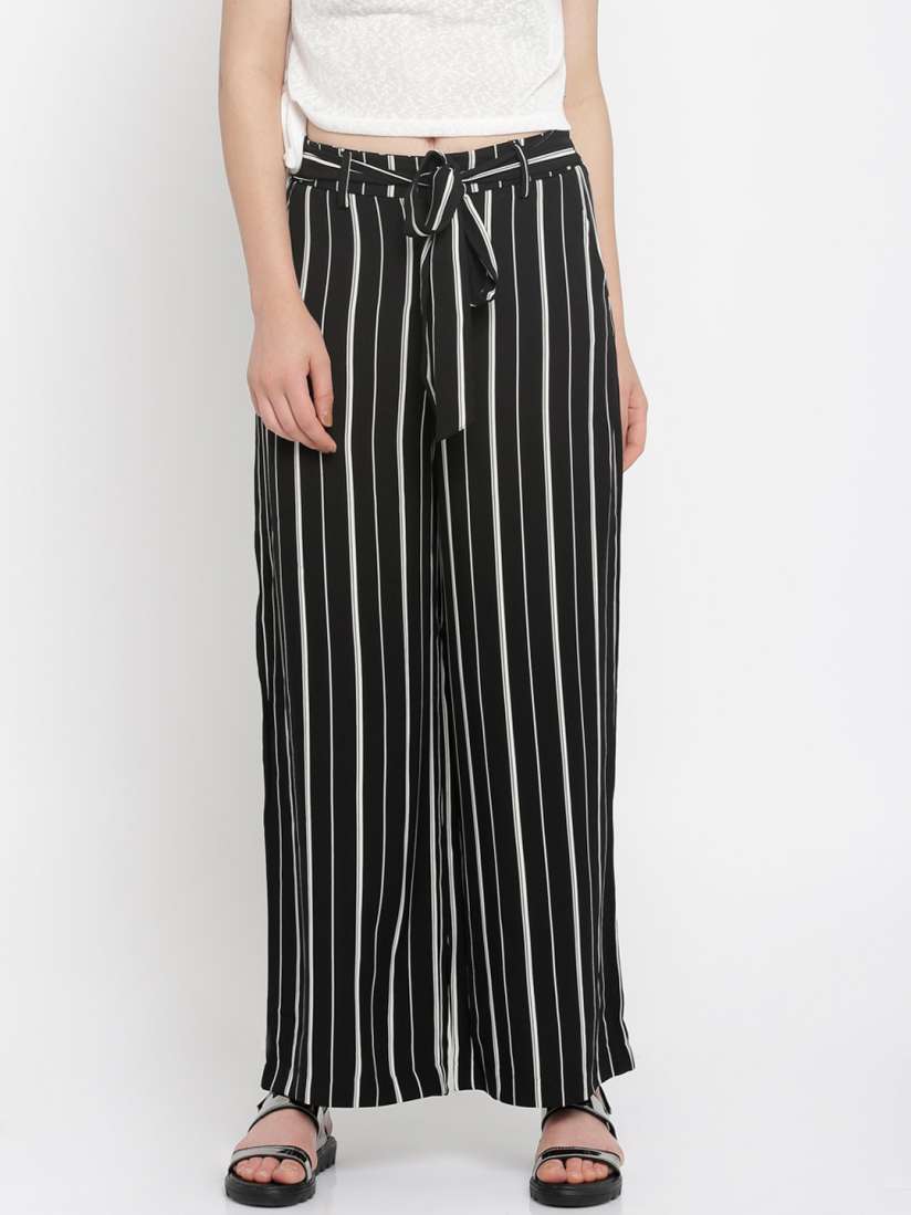 Buy ONLY Women Black White Striped Loose Fit Parallel Trousers Trousers for Women 1784502 Myntra