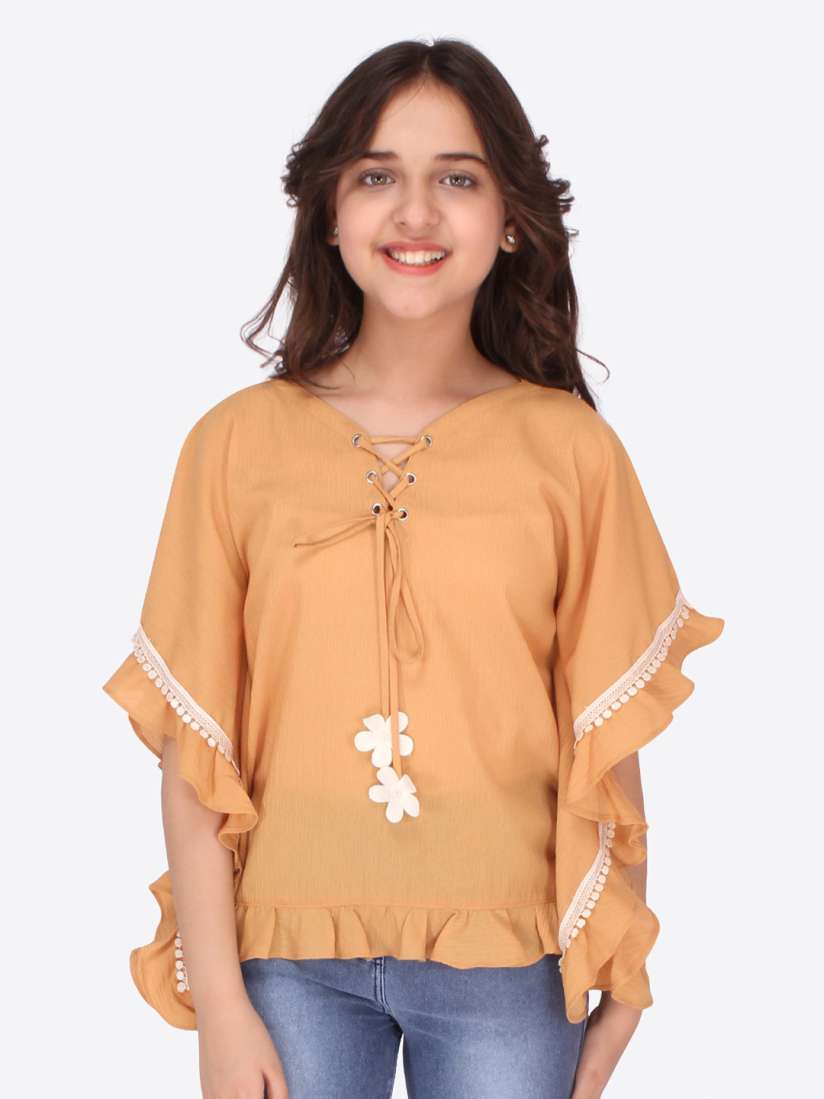 Buy CUTECUMBER Girls Mustard Yellow Tie Up Neck Georgette Kaftan Top Tops for Girls 17866800 Myntra