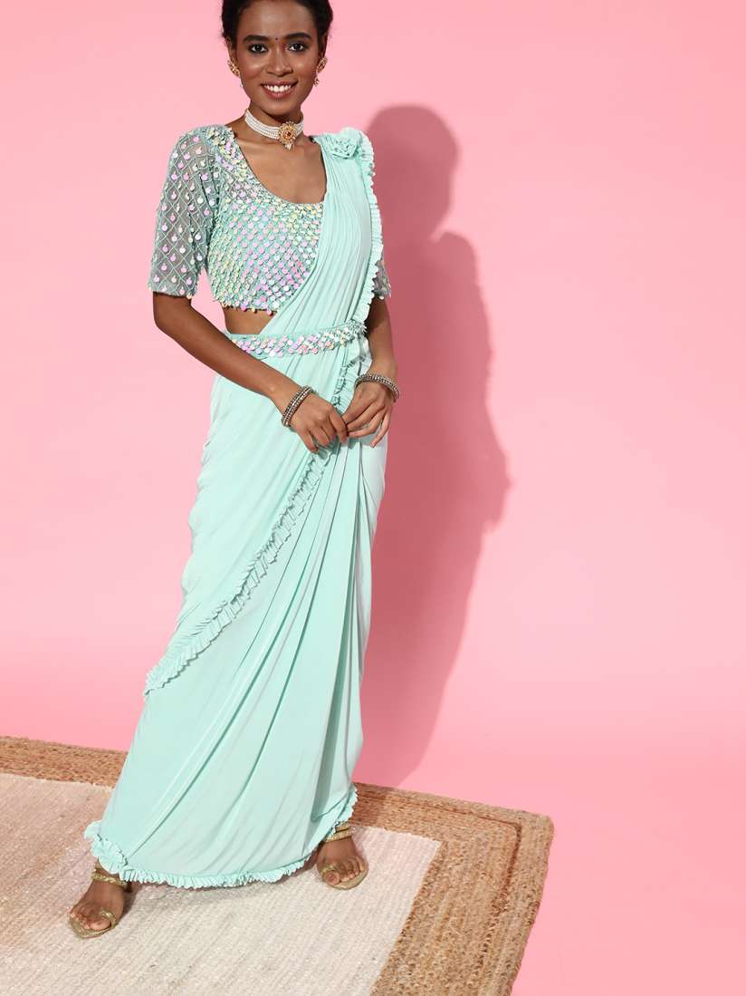 Buy Chhabra 555 Sea Green Green Sequinned Ready to Wear Ruffle Saree Sarees for Women 17873424 Myntra