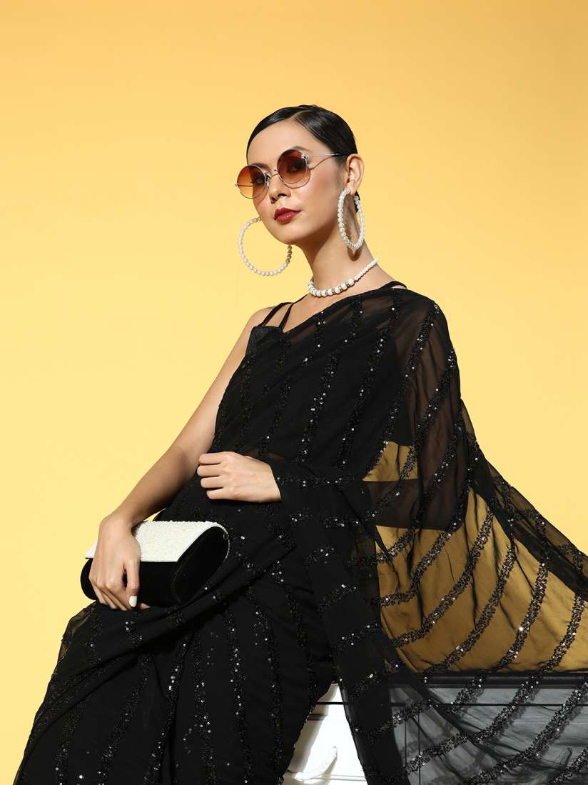 Buy Mitera Black Embellished Sequinned Pure Georgette Saree Sarees for Women 17874562 Myntra