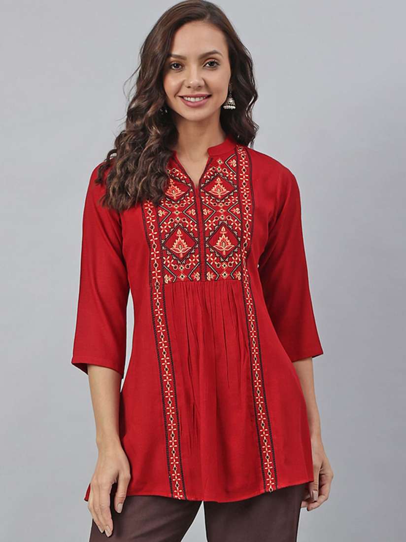 Buy Janasya Women Maroon Rayon Slub Embroidered A Line Tunic Tops for Women 17876596 Myntra