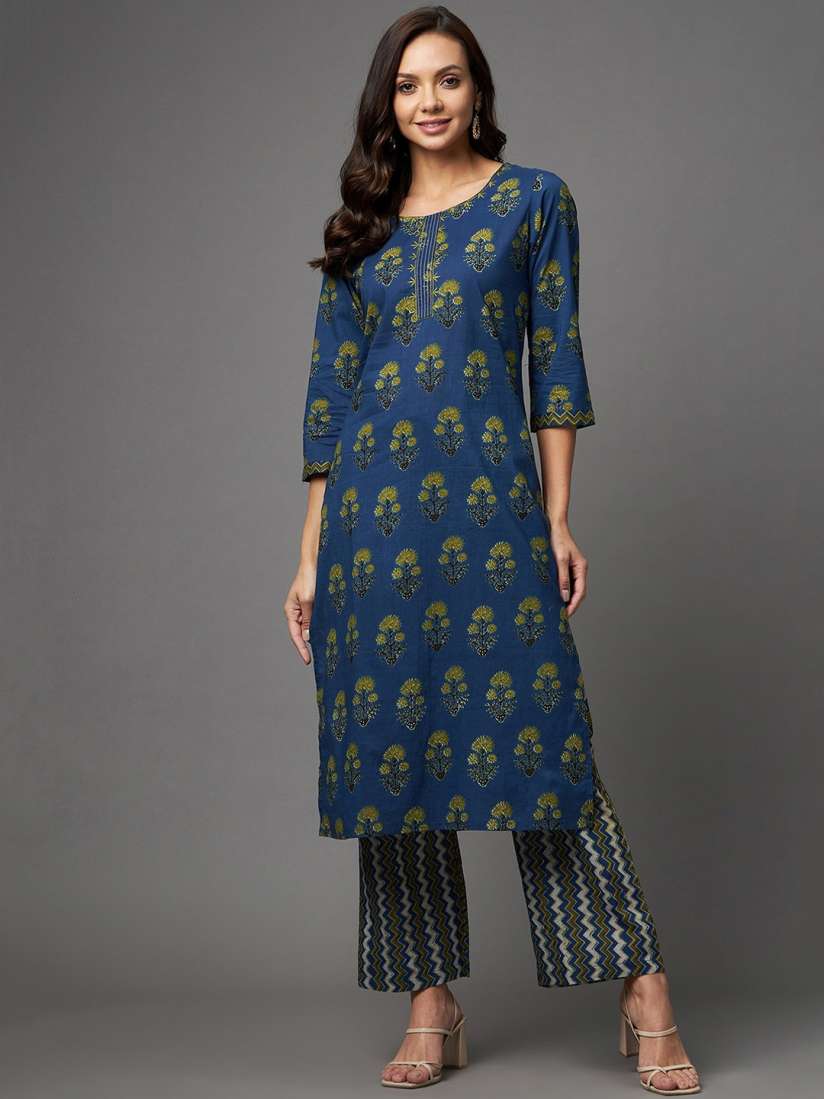 Buy Azira Women Blue Floral Printed Panelled Pure Cotton Kurti with Trousers Kurta Sets for Women 17884296 Myntra