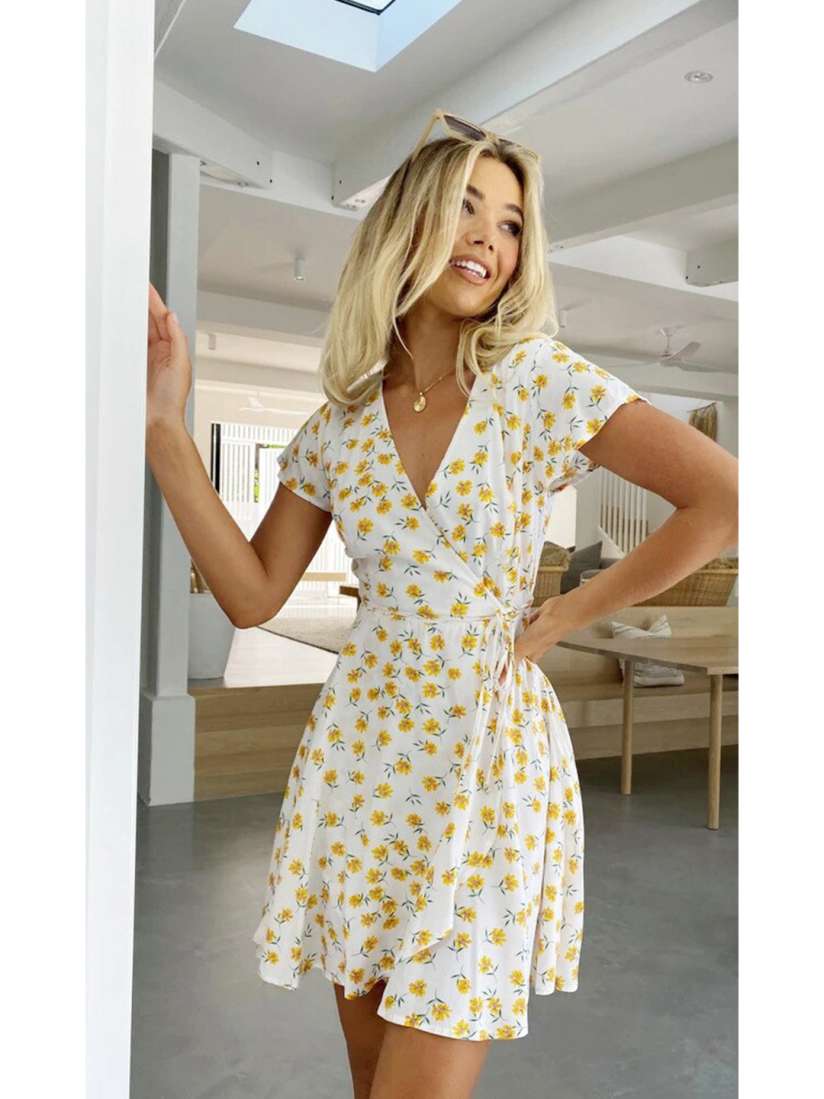 White floral wrap dress cheap