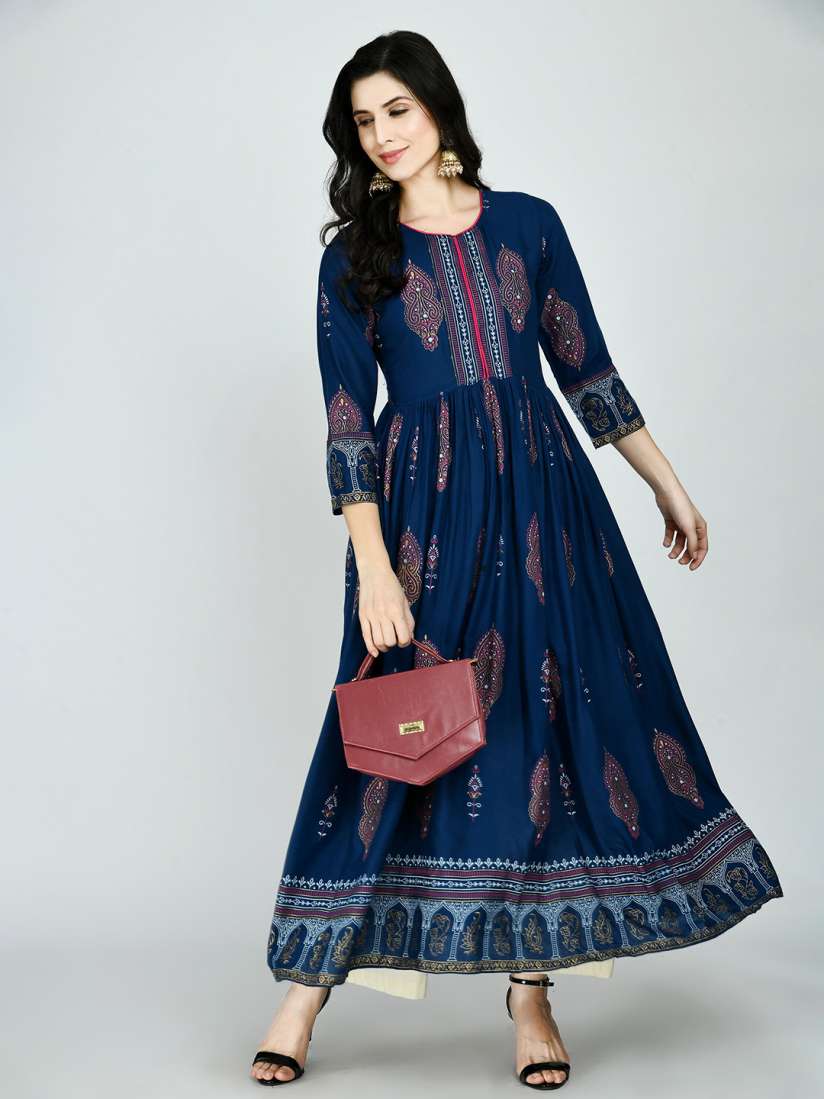 Buy MAFE Navy Woman Blue Red Paisley Printed Pleated Anarkali Kurti Kurtis for Women 17912098 Myntra