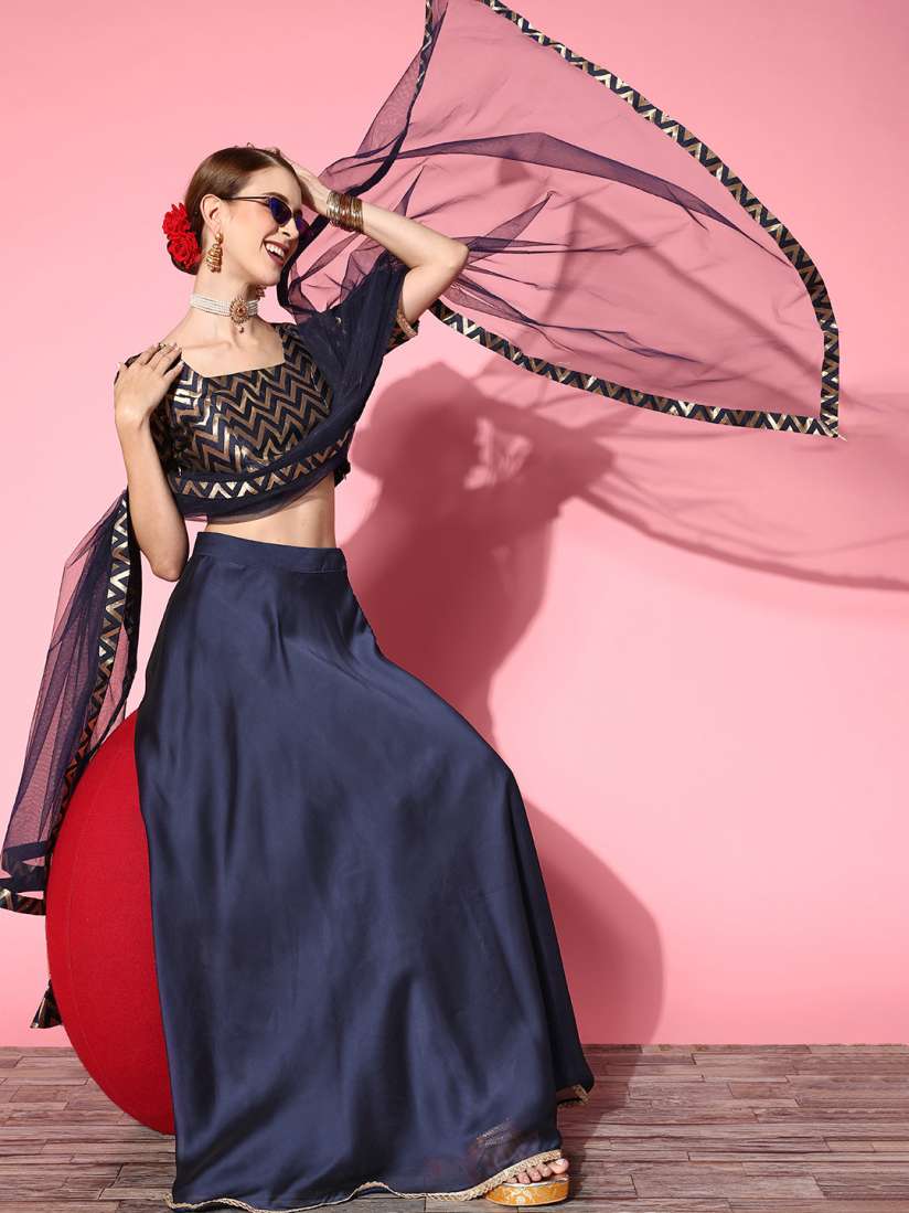 Buy Inddus Navy Blue Woven Design Semi stitched Lehenga Choli With Dupatta Lehenga Choli for Women 17915088 Myntra