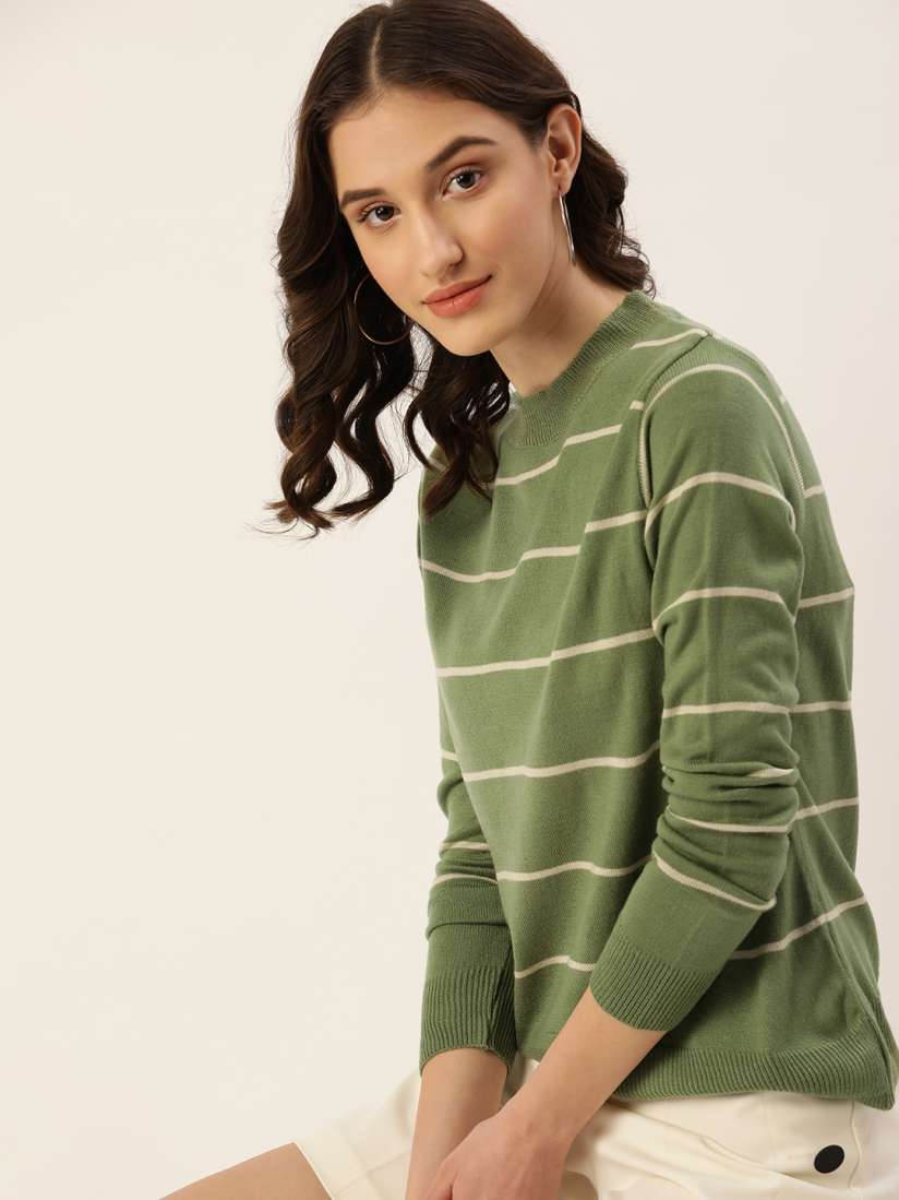 Buy DressBerry Women Olive Green White Acrylic Striped Pullover Sweaters for Women 17931876 Myntra
