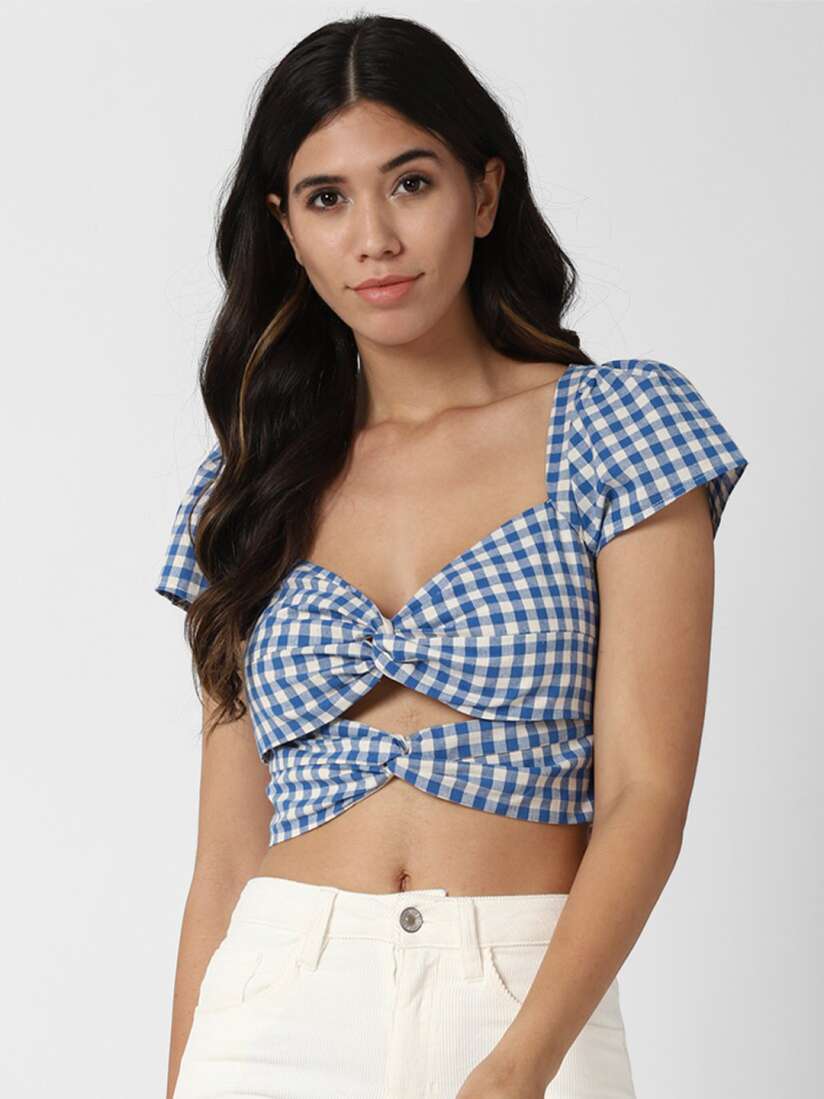 Buy FOREVER 21 Blue Checked Sweetheart Neck Crop Top Tops for Women 17953114 Myntra