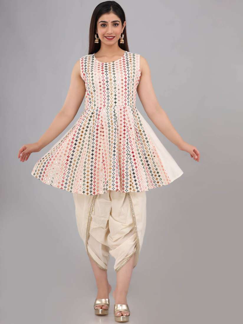 Buy FASHION DWAR Women White Embroidered Layered Mirror Work Pure Cotton Kurti with Trousers With Dupatta Kurta Sets for Women 17963500 Myntra