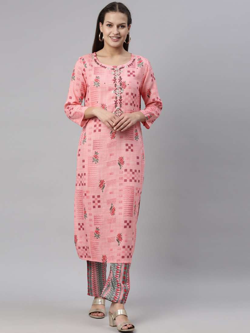 Buy Neerus Women Pink Floral Printed Kurti With Trousers Kurta Sets for Women 17970938 Myntra