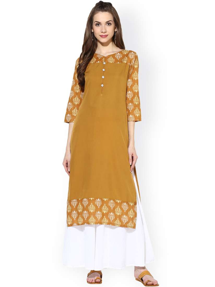 Aks women mustard solid straight kurta clearance