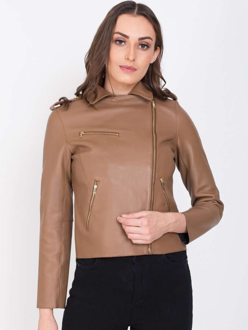 Buy Justanned Women Tan Lightweight Crop Outdoor Leather Jacket Jackets for Women 17981978 Myntra