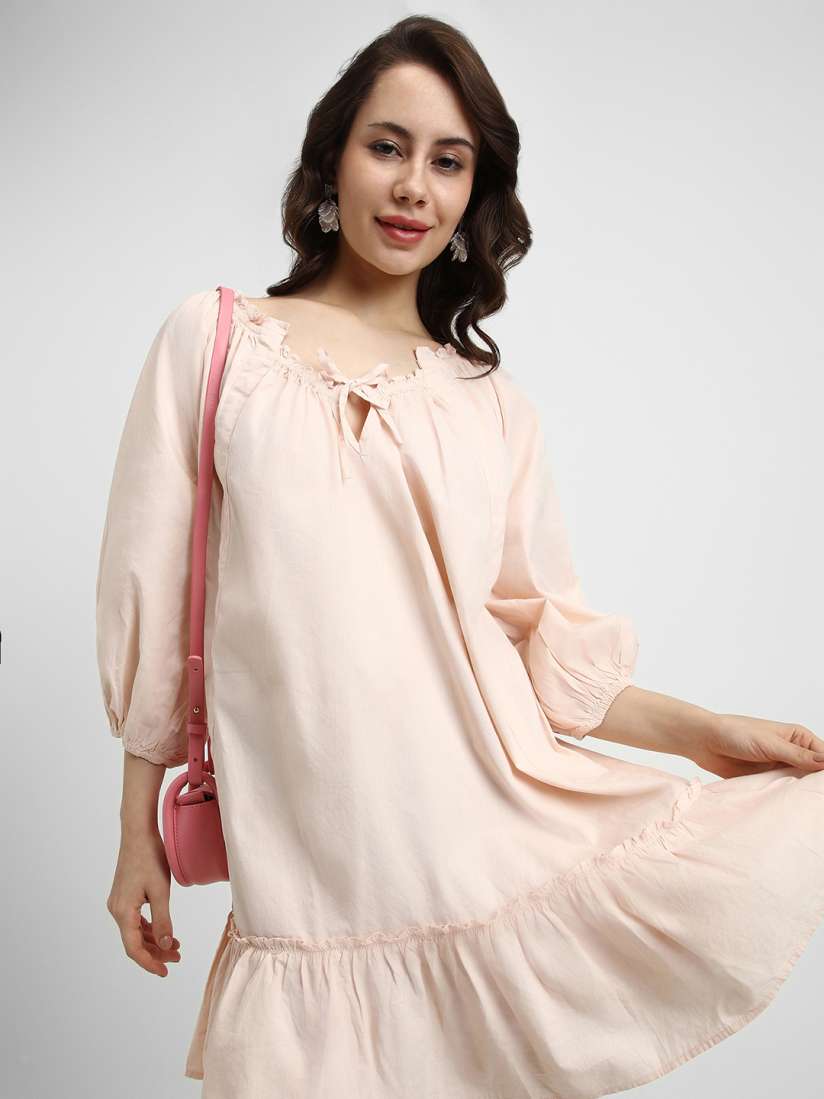 Buy FOREVER 21 Women Cream Coloured Solid V Neck Pure Cotton A Line Dress Dresses for Women 17982378 Myntra