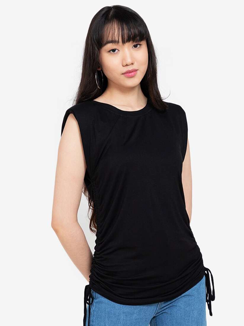 Buy ZALORA BASICS Women Black Shoulder Pad Ruched Sides T-Shirt