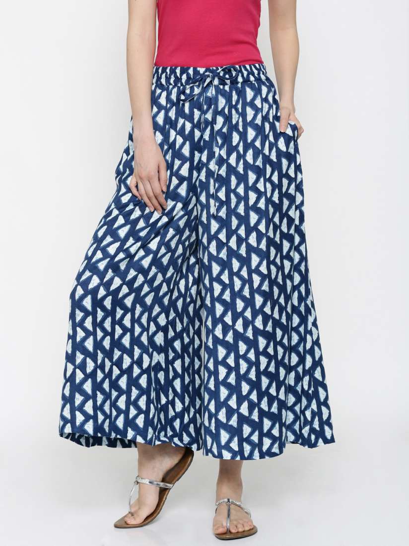 Buy RANGMANCH BY PANTALOONS Blue White Printed Palazzo Trousers Palazzos for Women 1803419 Myntra