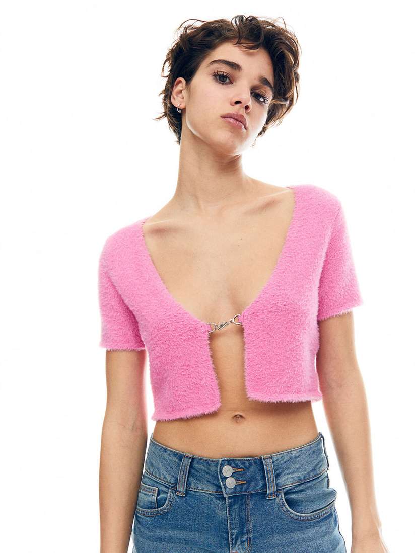 Pink Shaggy Crop Sweater H&M Pink Fluffy Cardigan