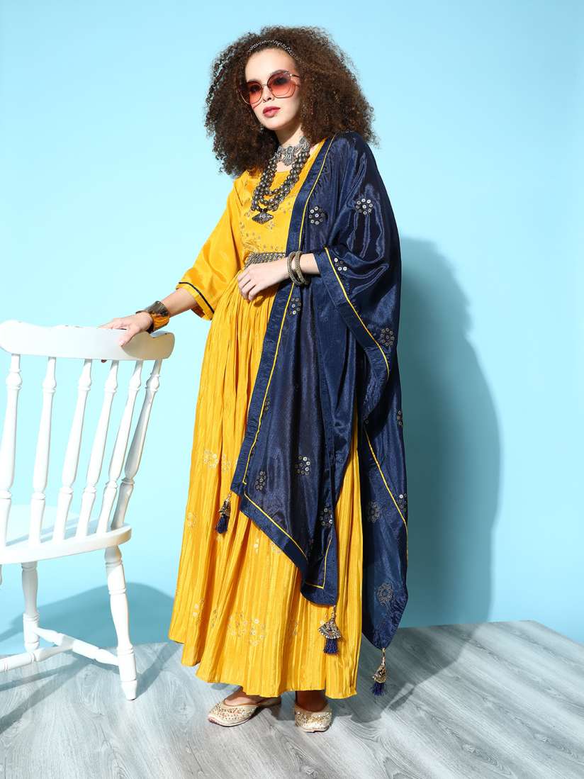 Buy Kvsfab Mustard Yellow Navy Blue Floral Embroidered Ethnic A Line Maxi Dress with Dupatta Ethnic Dresses for Women 18044526 Myntra