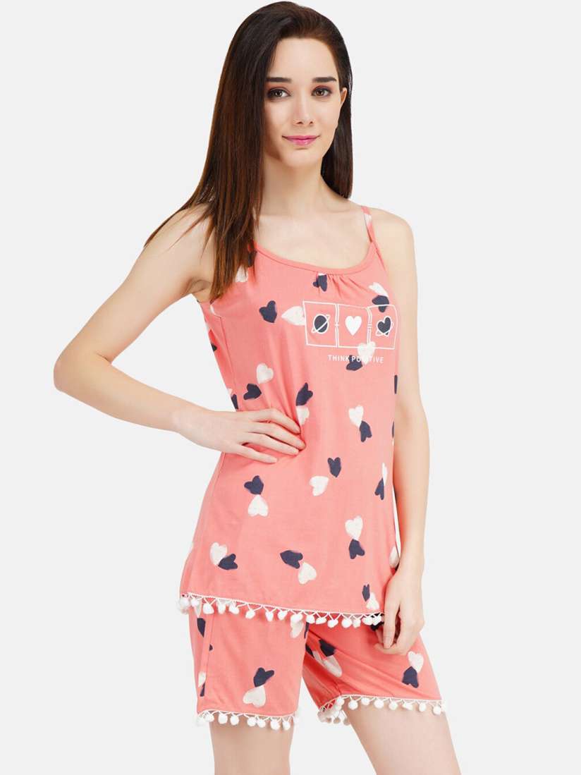 Buy KOI SLEEPWEAR Women Peach Coloured Navy Blue Printed Night suit Night suits for Women 18046832 Myntra
