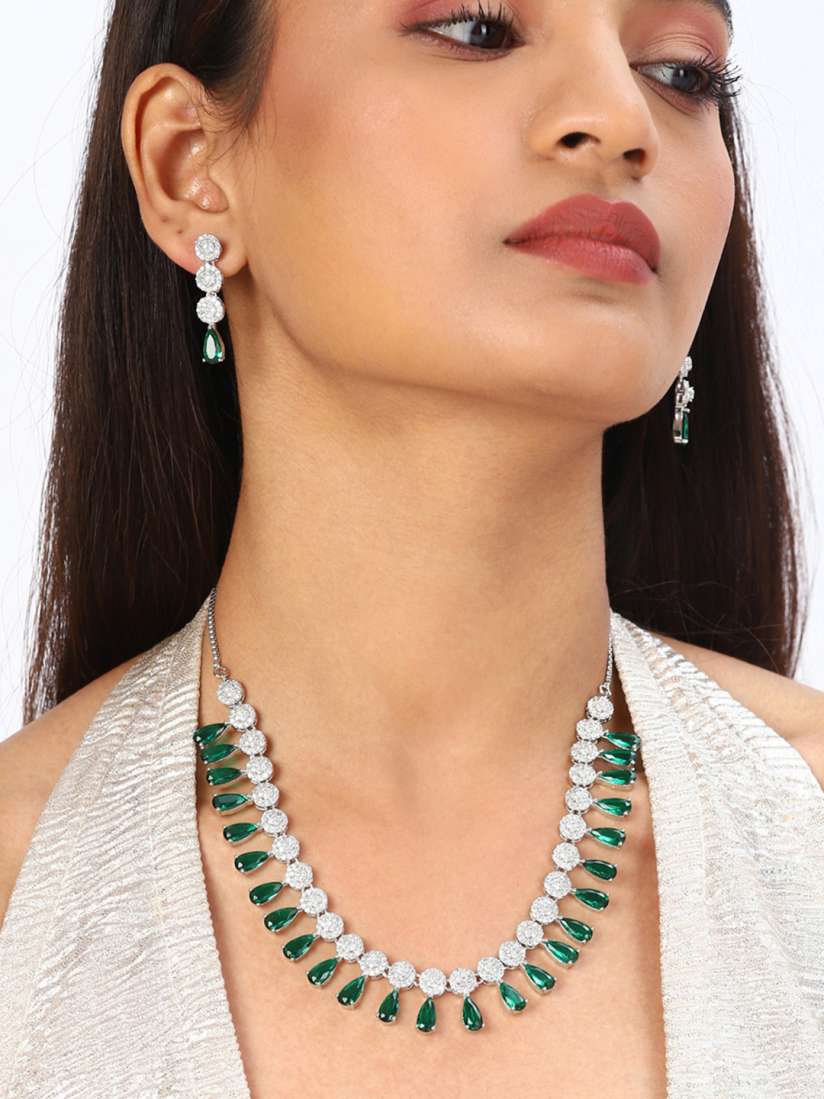 Buy Voylla Green Silver Plated American Diamond CZ Pearl Necklace Set with Stone Jewellery Set for Women 18055384 Myntra