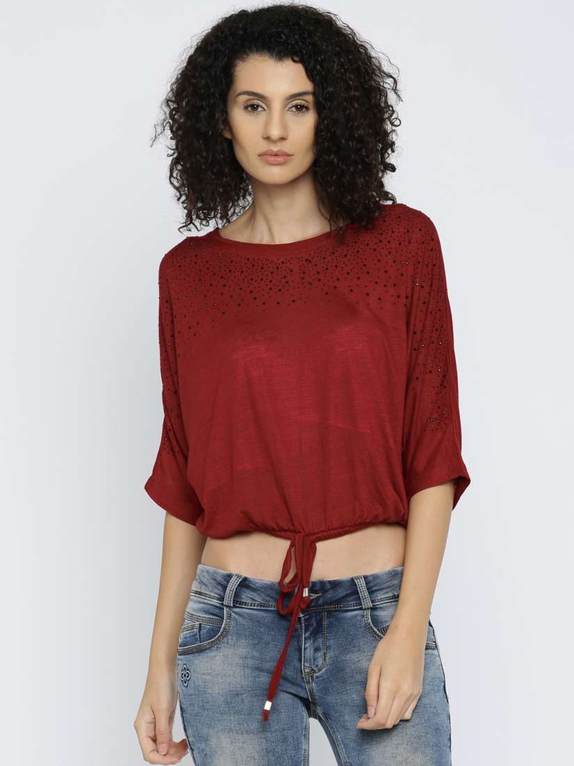 Buy Deal Jeans Women Maroon Solid Blouson Crop Top Tops for Women 1806106 Myntra