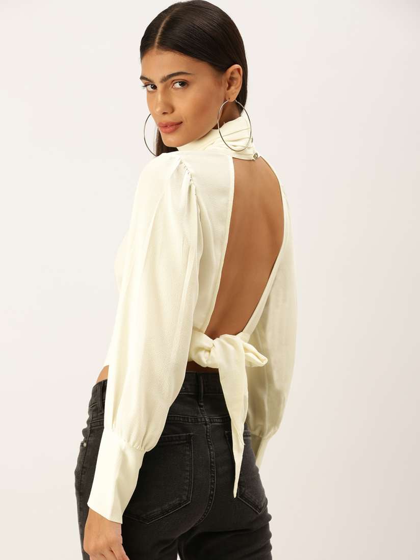 Buy FOREVER 21 Women Cream Coloured Bishop Sleeves Styled Back Crop Top Tops for Women 18068632 Myntra