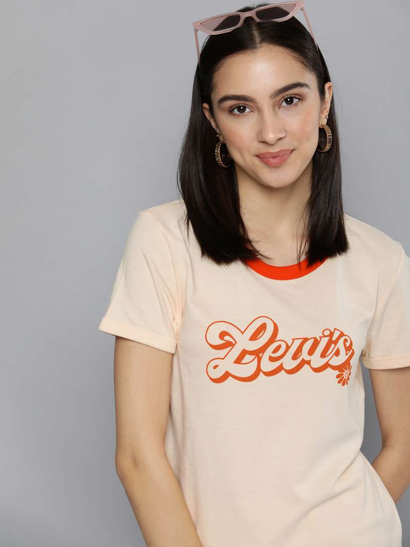 Buy Levis Women Peach Coloured Brand Logo Printed Pure Cotton Slim Fit T shirt Tshirts for Women 18068970 Myntra