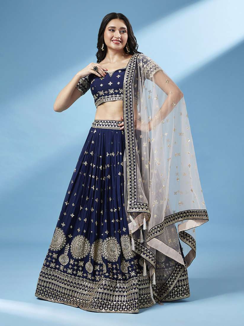 Buy panchhi Navy Blue Embroidered Sequinned Unstitched Lehenga Blouse With Dupatta Lehenga Choli for Women 18069976 Myntra