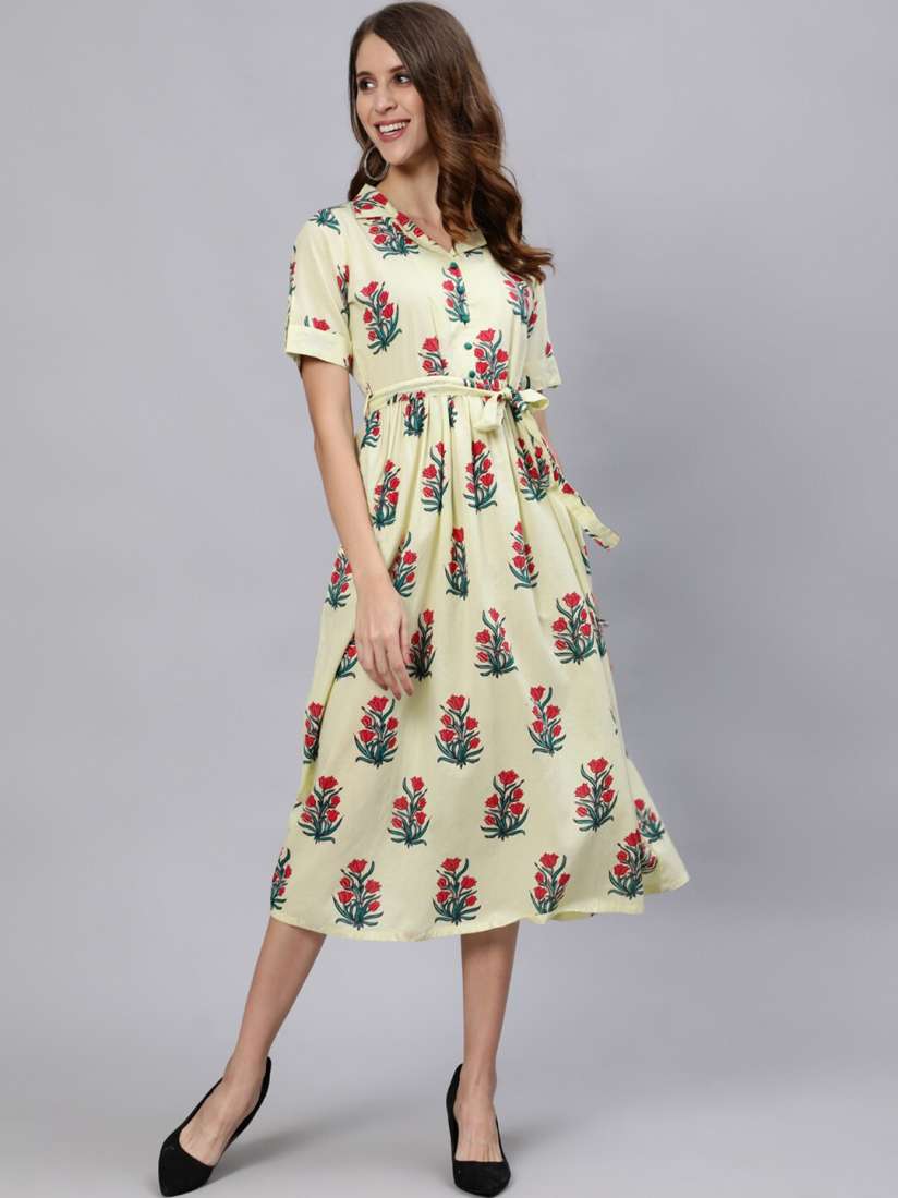 Buy Jaipur Kurti Yellow Floral Cotton A Line Midi Dress Ethnic Dresses for Women 18075146 Myntra