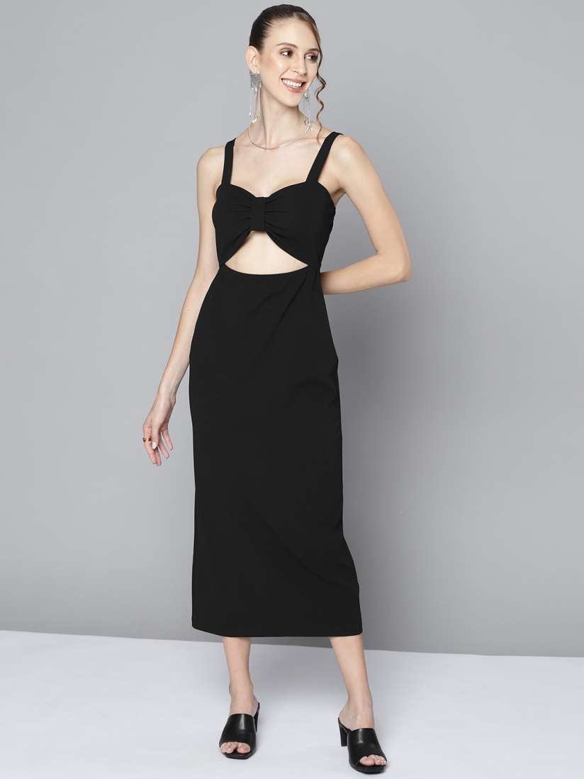 Buy SASSAFRAS Women Black Textured Sheath Midi Dress Dresses for Women 18110322 Myntra